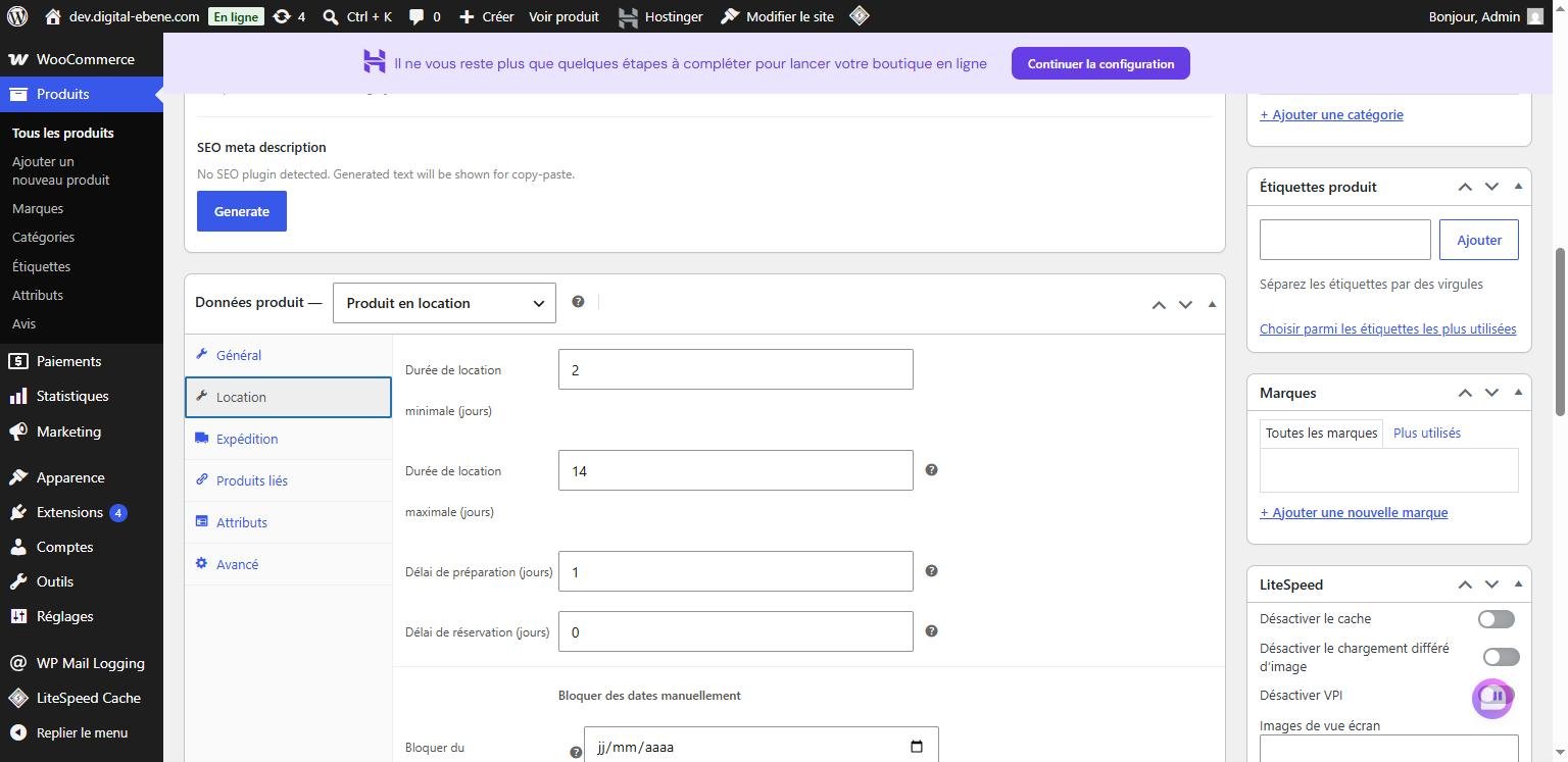 Onglet de configuration de location sur un produit